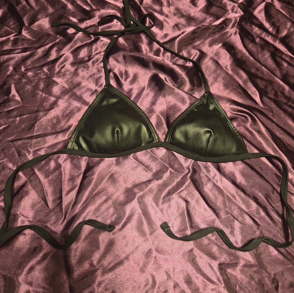 Black Faux Leather Triangle Tie Bikini Top